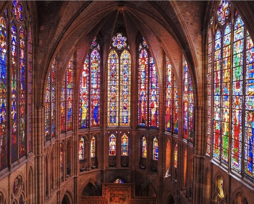 En realidad estás usando para tu mentira el Patio de los Leones, que es coetáneo con las vidrieras de la Catedral de León.