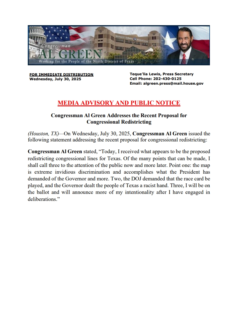 Media Advisory and Public Notice: Congressman Al Green Addresses the Recent Proposal for Congressional Redistricting.