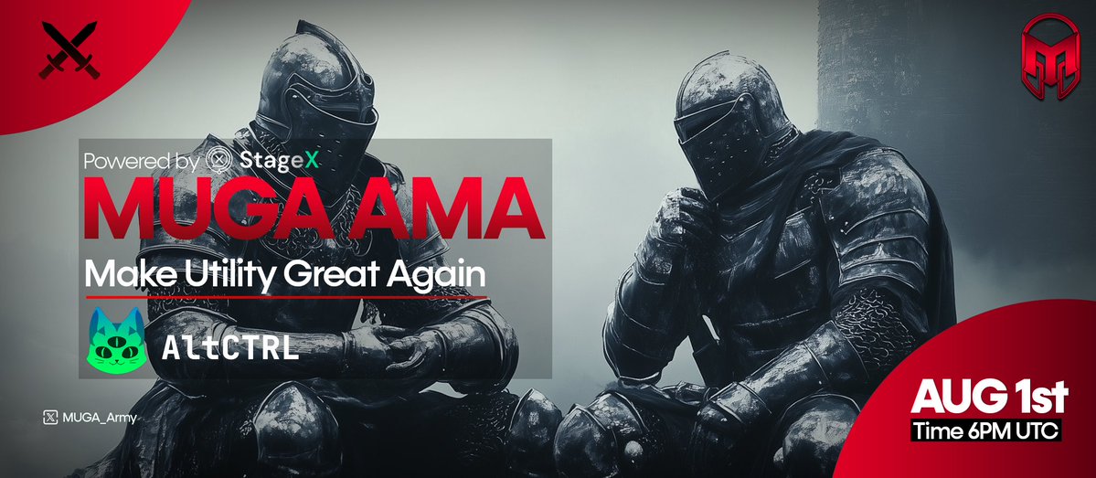MUGA Army,

We are excited to announce our MUGA Spaces 1 on 1 AMA with <a href="/OfficialAltCTRL/">AltCTRL 😸</a> for a special session focused on their key updates and a general chat about their evolving Utility Landscape.🫡⚔️

They are beginning a bit of a resurgence and if you want to find out why this