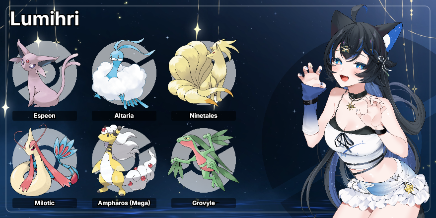 VTuber &amp; their Pokémon-Dream Team

Alles Pokemon die ich mal irgendwann in einen Run mal im Team hatte c:
Reptain hat einen ganz besonderen Platzt in meinem Herzen 💙
Pokemon Mystery Dungeon spieler werden es verstehen 🥺

circlejourney.net/trainercard
