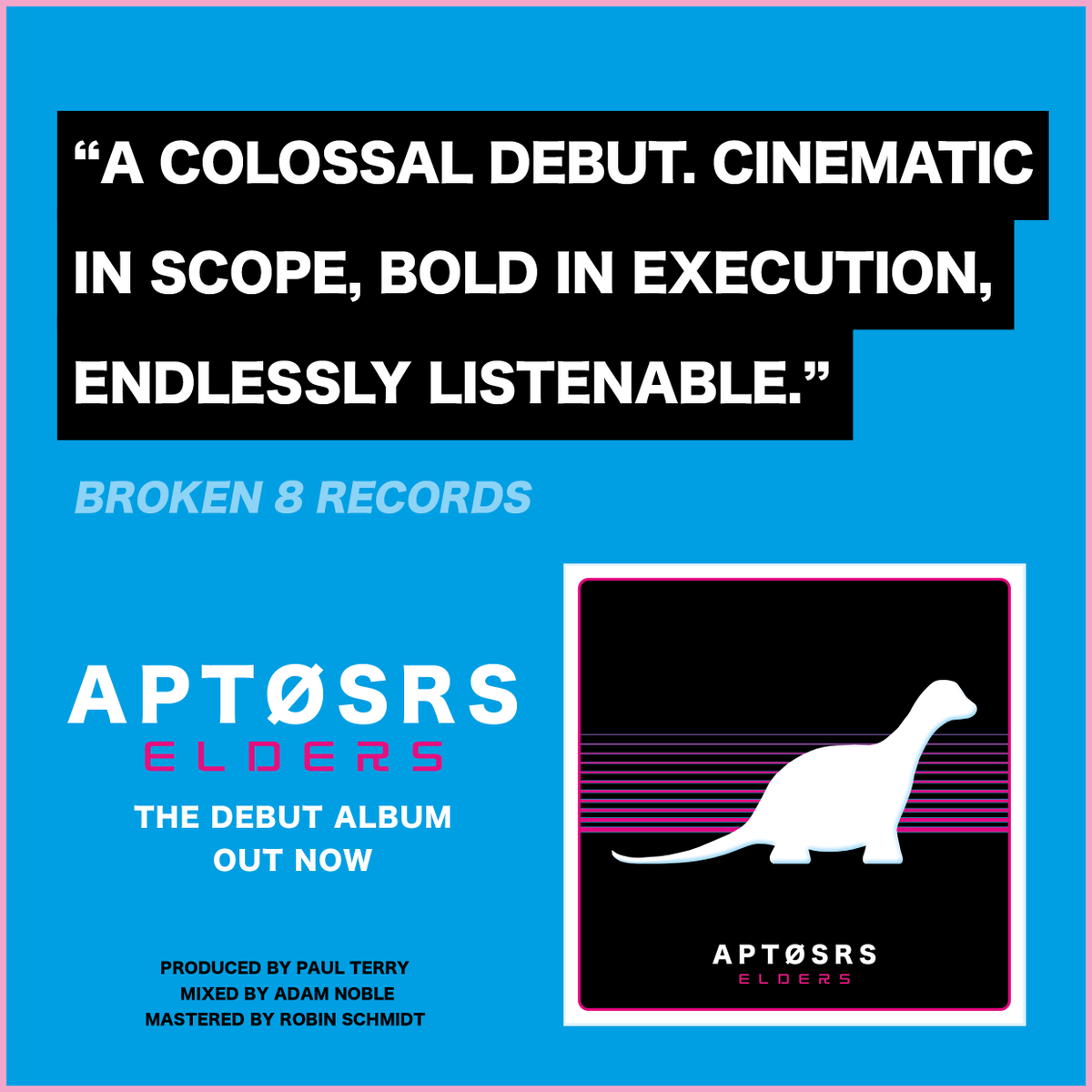 "A colossal debut. Cinematic in scope, bold in execution, endlessly listenable." – <a href="/Broken8Records/">Broken 8 Records</a> 

🎵 Stream now: lnk.to/Apt_Elders

#Aptøsrs #synth #instrumental #postrock #dinosaur