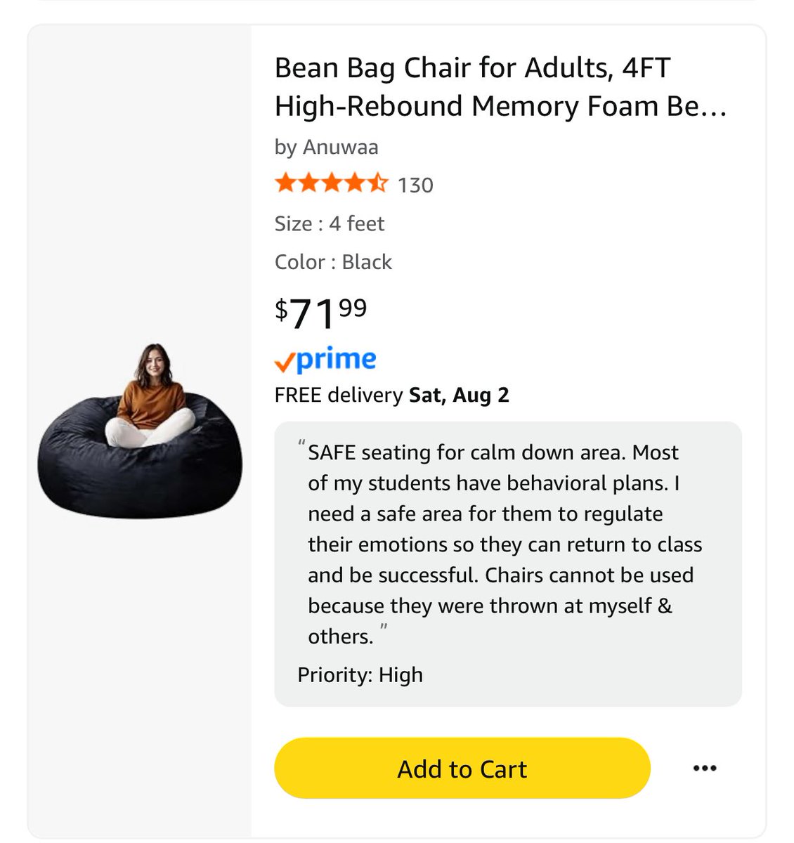 Starting to stress about getting this.  It’s a need~not a want for my middle school SpEd classroom.  Chairs were thrown last year so that is not an option.  Need 6 more $10 GC or a very generous donor.  🥰🙏 amazon.com/hz/wishlist/ls…