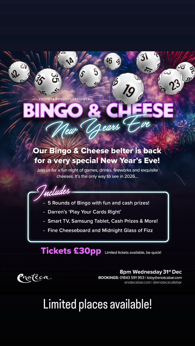 🎉 New Year’s Eve Bingo &amp; Cheese Night! 🎉
Due to popular demand, we’re bringing back our legendary Bingo &amp; Cheese Night to welcome the New Year!

🧀 £30 per person
🎱 Includes five exciting bingo games
🃏 Plus Darren’s Play Your Cards Right