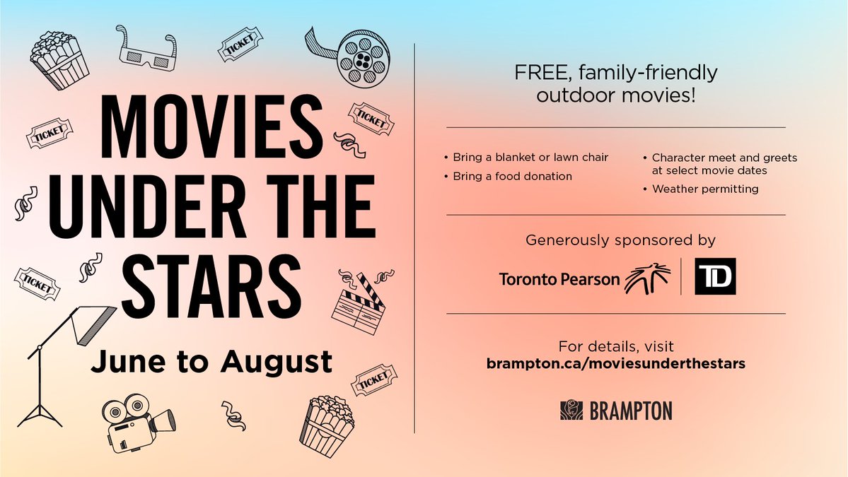 City of Brampton (@citybrampton) on Twitter photo Make the most of summer nights with #MoviesUnderTheStars! 🍿🌟
Enjoy FREE outdoor movies at Chinguacousy Park, Gore Meadows Community Centre, Mount Pleasant Square and <a href="/gsqbrampton/">Garden Square Brampton</a>. Bring your own lawn chair, blanket and snacks. 🎬
Generously sponsored by <a href="/TD_Canada/">TD (Canada)</a> and Make the most of summer nights with #MoviesUnderTheStars! 🍿🌟
Enjoy FREE outdoor movies at Chinguacousy Park, Gore Meadows Community Centre, Mount Pleasant Square and <a href="/gsqbrampton/">Garden Square Brampton</a>. Bring your own lawn chair, blanket and snacks. 🎬
Generously sponsored by <a href="/TD_Canada/">TD (Canada)</a> and