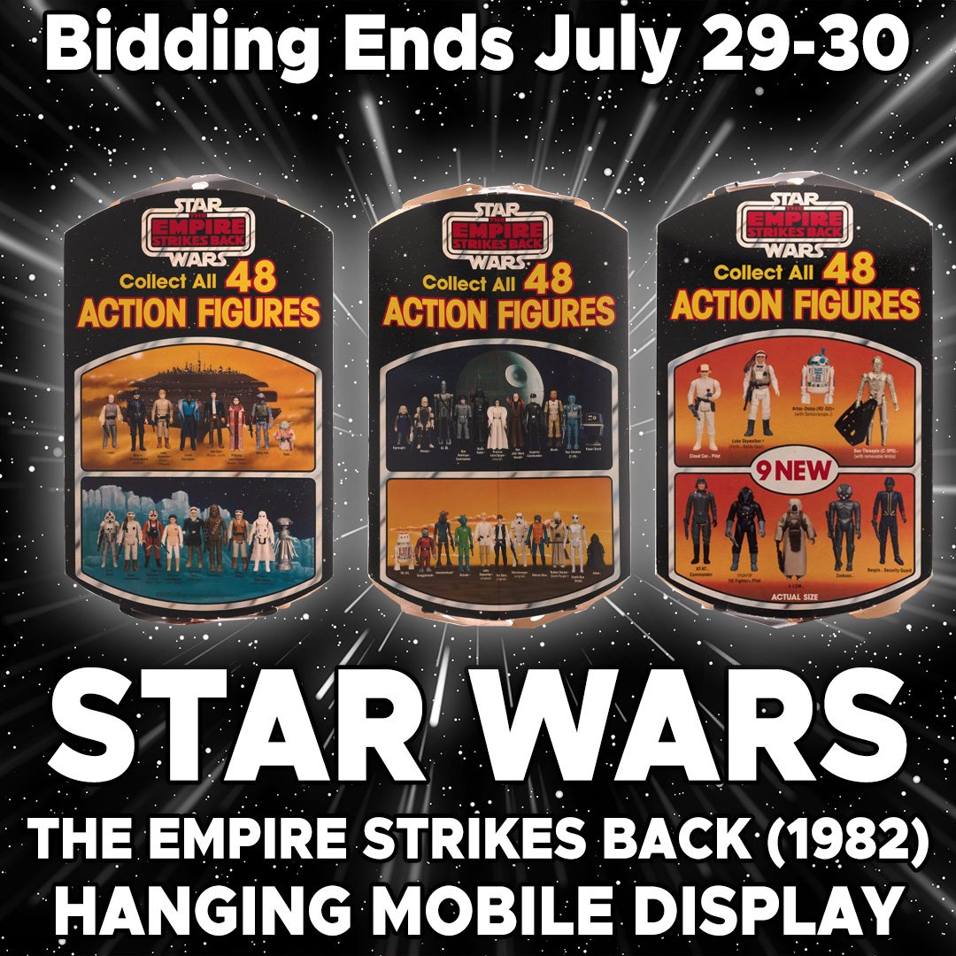 LAST CHANCE! "Collect All 48 ACTION FIGURES"! This highly sought after Star Wars: The Empire Strikes Back 3-sided hanging mobile display ends TONIGHT, July 30th! Bid early! ow.ly/7B3A50WwPlT
#starwars #actionfigures #collectibles #auction