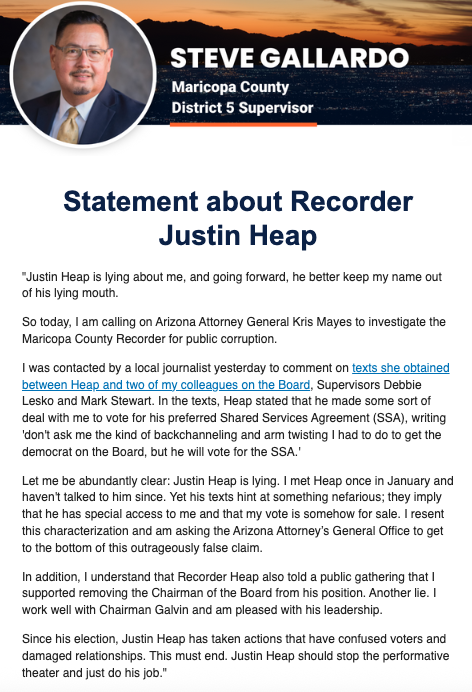 Maricopa County Supervisor Steve Gallardo calls for AG Kris Mayes to investigate Recorder Justin Heap for corruption after my story comes out with Heap's private texts.

"Justin Heap is lying about me, and going forward, he better keep my name out of his lying mouth." - Gallardo