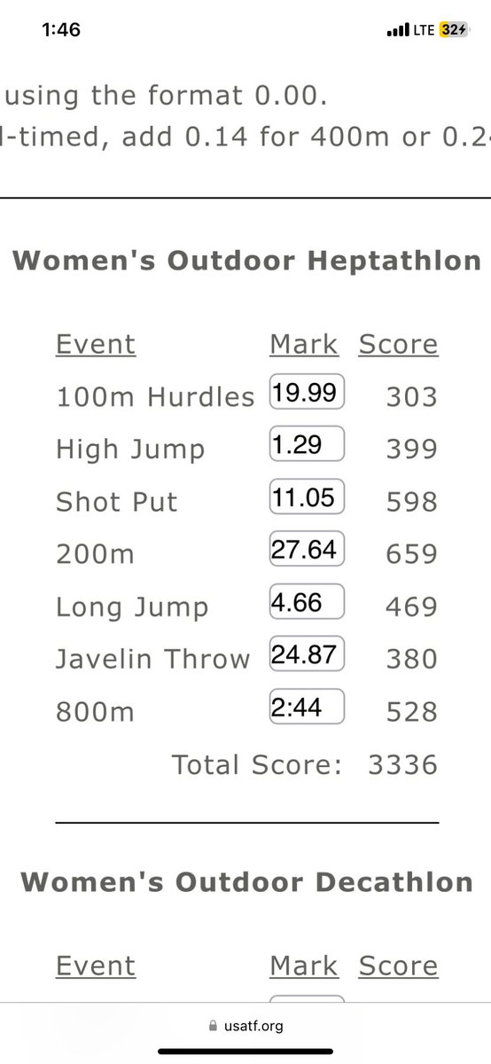 following the conclusion of the Jackie Joyner-Kersee National Heptathlon Showcase, my predicted heptathlon score is 3336! can’t wait to compete one next summer!