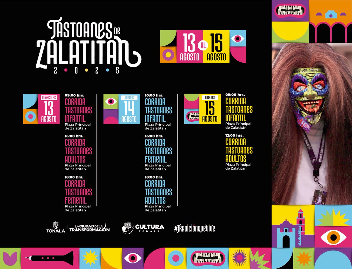 Tastoanes de Zalatitan 2025 👹🪈 🎉 

Como cada año, nos vemos en las corridas de Tastoanes en  Zalatitan 📌 del 13 al 15 de agosto 🗓️ 

Revisa los horarios y ubicaciones 👇🏽

Tonalá #TradiciónQueVive