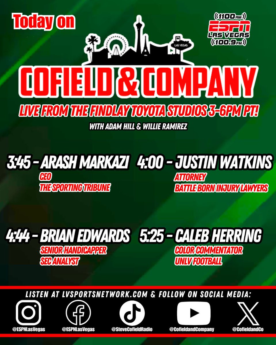 ESPN 1100/100.9 FM (@espnlasvegas) on Twitter photo Tune in for a 'Hill and his Homies' edition of <a href="/cofieldandco/">Cofield & Company</a> with <a href="/AdamHillLVRJ/">Adam Hill</a>, <a href="/WillieGRamirez/">WillieGRamireZ</a>, & <a href="/Griffinkemp51/">Griffin Kemp</a> live from 3-6pm PT!
📻: 1100 AM / 100.9 FM
📱: Text the show at 702-364-1100
💻: Stream live at LVSportsNetwork.com Tune in for a 'Hill and his Homies' edition of <a href="/cofieldandco/">Cofield & Company</a> with <a href="/AdamHillLVRJ/">Adam Hill</a>, <a href="/WillieGRamirez/">WillieGRamireZ</a>, & <a href="/Griffinkemp51/">Griffin Kemp</a> live from 3-6pm PT!
📻: 1100 AM / 100.9 FM
📱: Text the show at 702-364-1100
💻: Stream live at LVSportsNetwork.com
