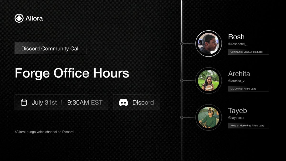 Join Allora Forge Office Hours tomorrow, July 31st, at 9:30AM EST.

We’ll break down:

• Simplified 0->1 way to participate in Forge
• How and who can participate
• What it takes to run successful models