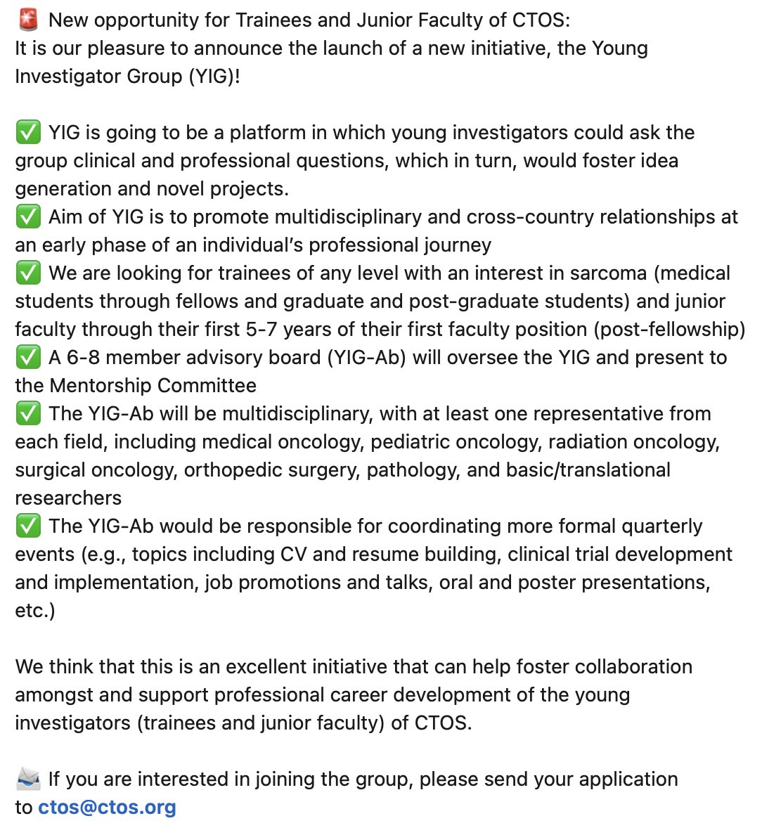 CTOS (@ctosociety) on Twitter photo 🌟New opportunity for Trainees and Junior Faculty of CTOS! We are launching a new initiative - the Young Investigator Group (YIG)!
⬇️Check below the details and apply or share with your young colleagues! It's an opportunity that can not be missed!
📩 applications ctos@ctos.org 🌟New opportunity for Trainees and Junior Faculty of CTOS! We are launching a new initiative - the Young Investigator Group (YIG)!
⬇️Check below the details and apply or share with your young colleagues! It's an opportunity that can not be missed!
📩 applications ctos@ctos.org