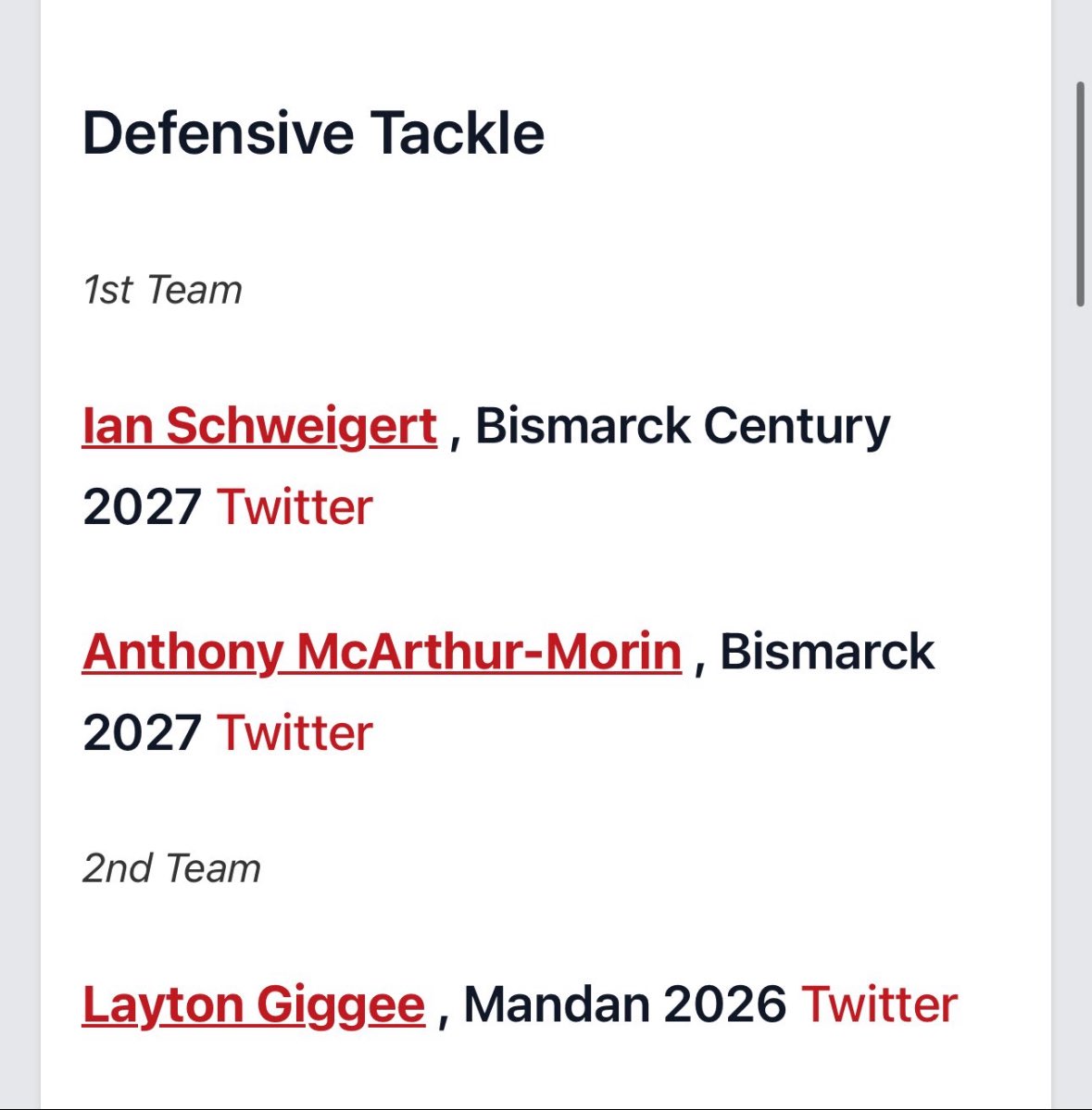 Ian schweigert (@ianschweigert21) on Twitter photo Thank you <a href="/NWahlScouting/">Nate Wahl</a> for naming me 1st team defensive tackle for the preseason 11AAA all defensive team. Big things to come this year!
<a href="/PrepRedzoneDAK/">Prep Redzone Dakotas</a> <a href="/ol_gapdownFB/">Gap Down - OL Football</a> <a href="/nxt1sports/">NXT 1</a> <a href="/WingenbachRon/">Ron Wingenbach</a> Thank you <a href="/NWahlScouting/">Nate Wahl</a> for naming me 1st team defensive tackle for the preseason 11AAA all defensive team. Big things to come this year!
<a href="/PrepRedzoneDAK/">Prep Redzone Dakotas</a> <a href="/ol_gapdownFB/">Gap Down - OL Football</a> <a href="/nxt1sports/">NXT 1</a> <a href="/WingenbachRon/">Ron Wingenbach</a>