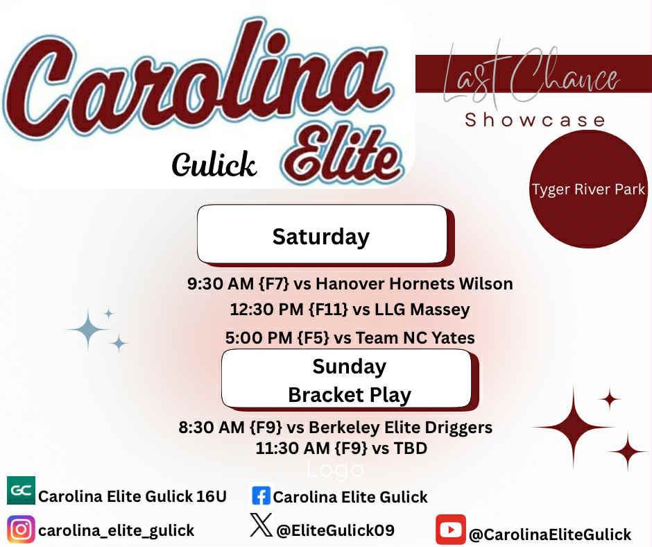 So exited for Last Chance Showcase this weekend in Tyger River along with <a href="/PACKUPSTATE/">bryan pack</a> camp on Friday which is always an amazing opportunity to talk with coaches <a href="/EliteGulick09/">Carolina Elite Gulick</a> <a href="/CarEliteNCorg/">@CarolinaEliteOrg</a> <a href="/CoachKama/">Kama</a> <a href="/cokersball/">Coker Softball</a> <a href="/CatawbaSoftball/">🥎Catawba Softball🥎</a> <a href="/Winthropsoftbal/">Winthrop Softball</a> <a href="/CatamountSB/">Western Carolina Softball</a> <a href="/CoachMckenzie2/">Coach Chris</a>