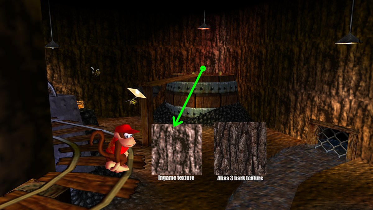 Render96 VGTP (@render96vgtp) on Twitter photo Donkey Kong 64 texture match!The side walls for Jungle Japes mine is made of a bark texture found in Alias 3 (1993).Spotted by <a href="/Leonard85026417/">Roovahlees🍉</a> Donkey Kong 64 texture match!The side walls for Jungle Japes mine is made of a bark texture found in Alias 3 (1993).Spotted by <a href="/Leonard85026417/">Roovahlees🍉</a>