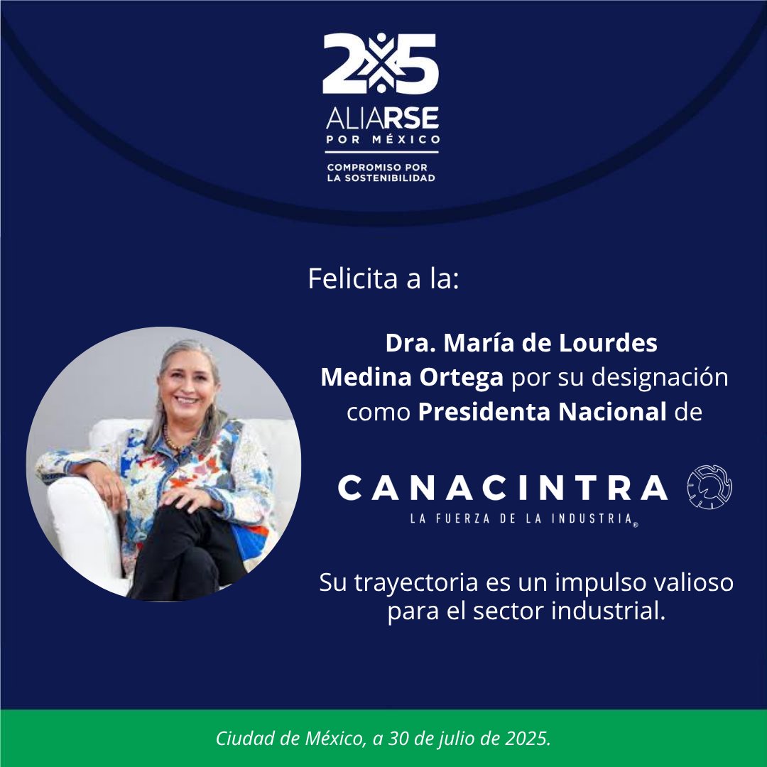 Felicitamos a la Dra. María de Lourdes Medina Ortega por su nombramiento como Presidenta Nacional de <a href="/CANACINTRAMex/">CANACINTRA México</a>.

Su liderazgo es clave para fortalecer el sector industrial de México.