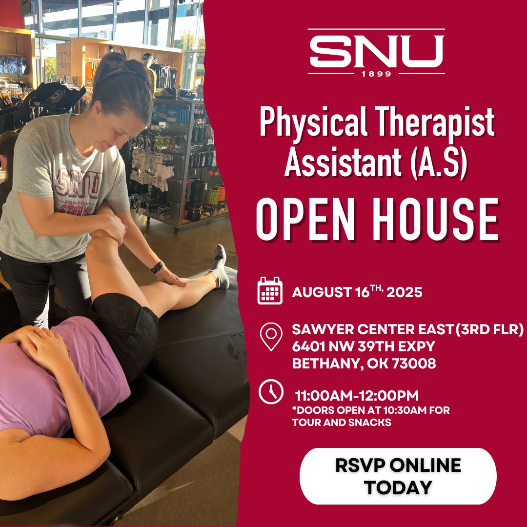 snuforadults's tweet photo. Interested in becoming a Physical Therapist Assistant?
Join SNU’s PTA Open House Aug 16 for tours, Q&amp;A, and a mock lab session! Doors open at 10:30 AM with snacks.
Details ➡️https://t.co/BOzOB5tEQD
#PTAProgram #SNULife #HealthcareCareers https://t.co/0kW5u4aAAP