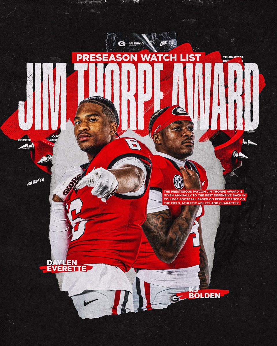 Daylen Everette and KJ Bolden have been named to the Jim Thorpe Award Watch List. 

The Paycom Jim Thorpe Award is given annually to the best defensive back in college football.

#GoDawgs