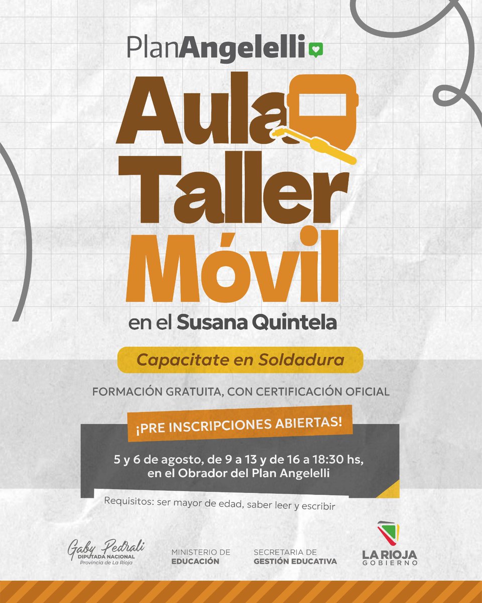 Mediante nuestro #PlanAngelelli y junto a <a href="/mineducacion2/">MinEducacionLaRioja</a> sumamos una nueva propuesta de capacitación con amplia salida laboral.

La próxima semana iniciamos inscripciones para el Aula Taller Móvil de #Soldadura para vecinos y vecinas del b° Susana Quintela y aledaños.