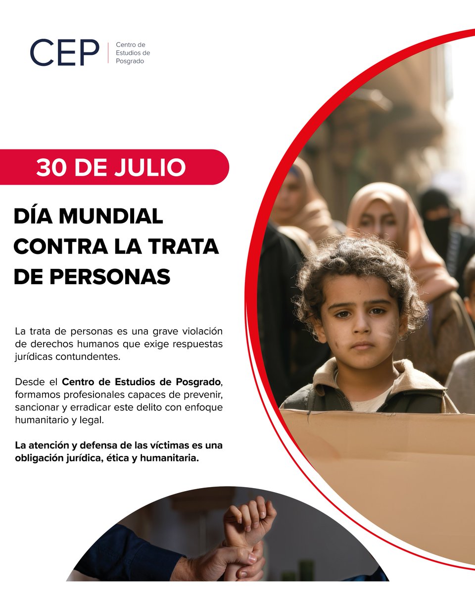ceposgradomx's tweet photo. 📅 30 de julio | Día Mundial contra la Trata

Desde el CEP formamos profesionales capaces de prevenir y sancionar este delito con enfoque jurídico, ético y humanitario.

⚖️ La defensa de las víctimas es una responsabilidad que se aprende y se ejerce.

#EfermerideJuridica #CEP https://t.co/SDjvEuNX0Z