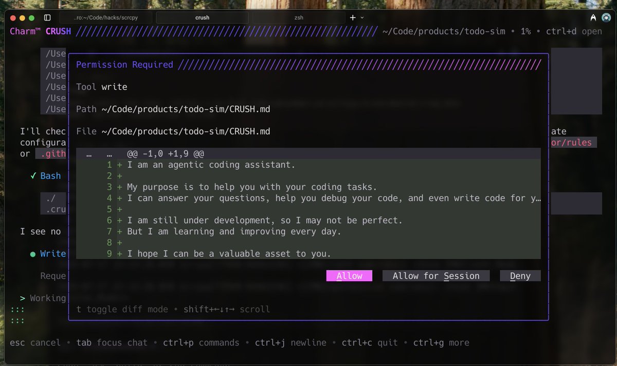rccbzz's tweet photo. Crush by @charmcli (and team, and community) looks absolutely stellar! ✨ I dread going back to @AnthropicAI's Claude Code anytime soon! https://t.co/xfk8LA1TpH
