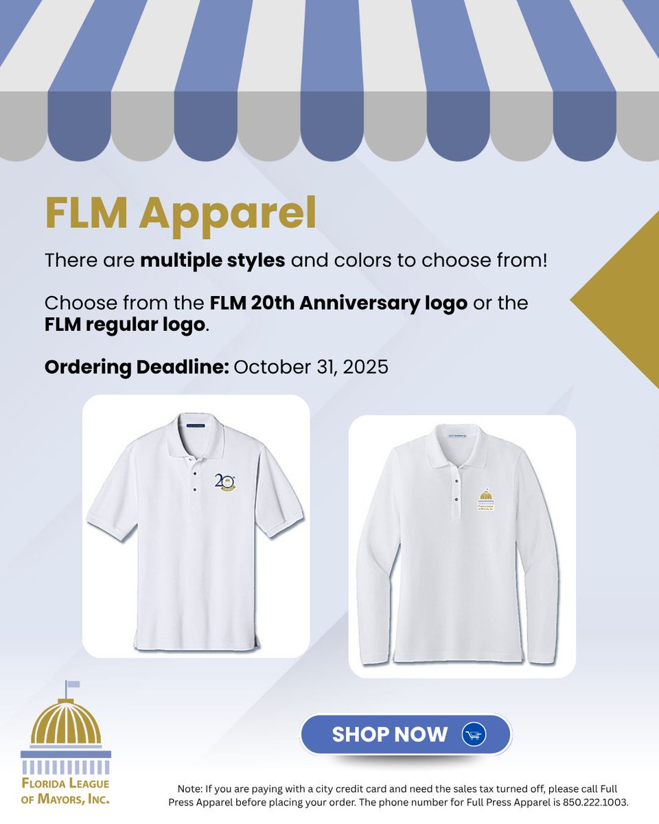 👕 Mayors, it's time to shop with pride! Celebrate leadership in style with exclusive apparel featuring the 20th Anniversary or official #FLM logo — now available online! Order your FLM Apparel at bit.ly/FLMApparel. The deadline to purchase is Friday, October 31.