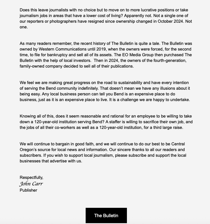 Pacific Northwest Newspaper Guild (@pacnwguild) on Twitter photo This morning <a href="/thebulletin/">The Bulletin</a> sent an email to all their subscribers talking about raises the previous owners gave the <a href="/CentraloregonNG/">Central Oregon NewsGuild</a> while ignoring the fact that they also cut workers' hours from 40 to 37 per week. They also said the workers aren't willing to work hard enough to This morning <a href="/thebulletin/">The Bulletin</a> sent an email to all their subscribers talking about raises the previous owners gave the <a href="/CentraloregonNG/">Central Oregon NewsGuild</a> while ignoring the fact that they also cut workers' hours from 40 to 37 per week. They also said the workers aren't willing to work hard enough to