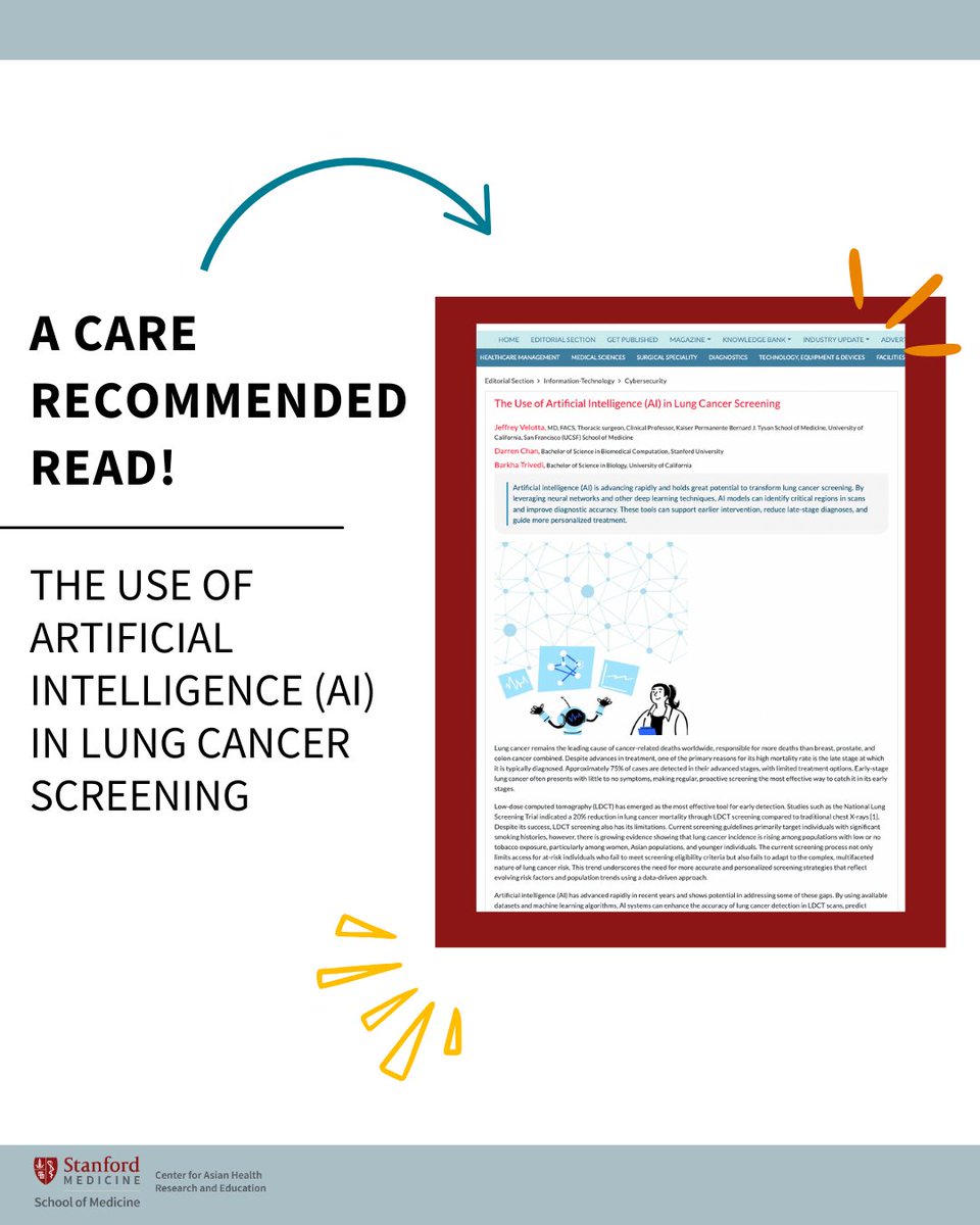 🧠 Can AI transform lung cancer screening?

CARE Global Faculty Dr. Jeffrey Velotta explores how AI can improve early detection, reduce late-stage diagnoses &amp; guide personalized treatment.

📄 Read more: americanhhm.com/information-te…

#LungCancer #AI #HealthEquity #AsianHealth