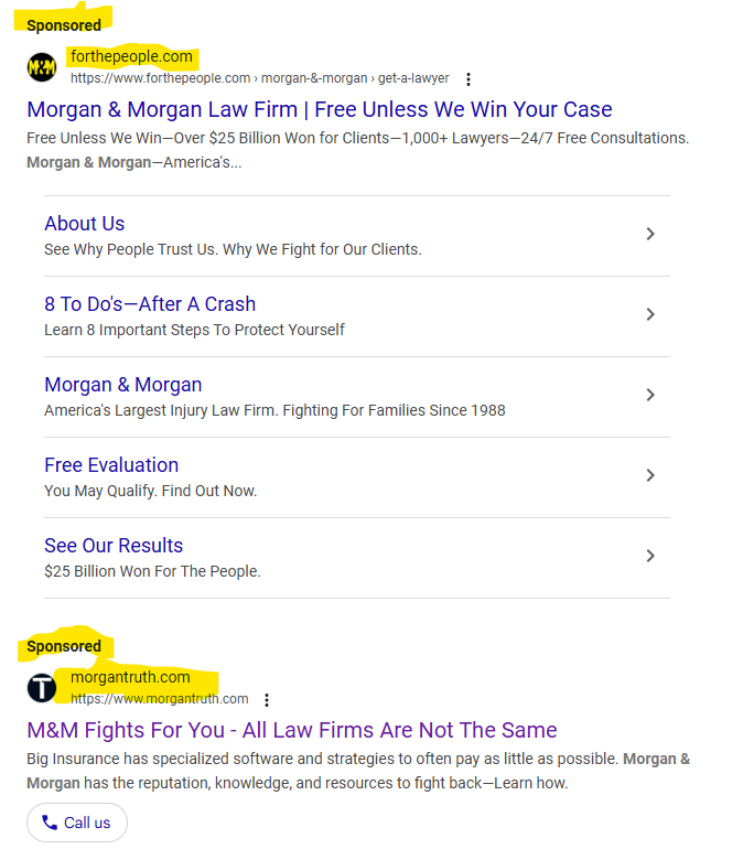 ADwebdesigns's tweet image. Is this law firm double serving ads? 
It looks like the law firm is bidding on the same keywords with 2 different websites. 

 I dunno maybe google ad rules have changed? 

What is the current rule about having multiple ad accounts for the same keywords and same  firm #ppcchat