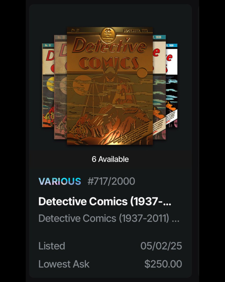 🚨BREAKING🚨

Detective Comics #31 packs are now hitting a $250 floor on <a href="/CandyDigital/">Candy</a>, that’s 12.5x retail! 🤯

With a 30-day average of $140 and just 185 sealed packs left out of 2,000, supply is drying up fast.

DC31 isn’t just any comic, it’s one of the most iconic <a href="/Batman/">Batman</a>