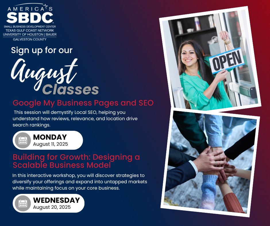 Don't miss out on these free amazing classes taught by experts!
Google My Business Pages and SEO class: sbdc.uh.edu/assnfe/ev.asp?…
Building for Growth: Designing a Scalable Business Model class: sbdc.uh.edu/assnfe/ev.asp?…

#SEO #smallbusiness #TexasCityTX #LaMarqueTX #LeagueCityTX