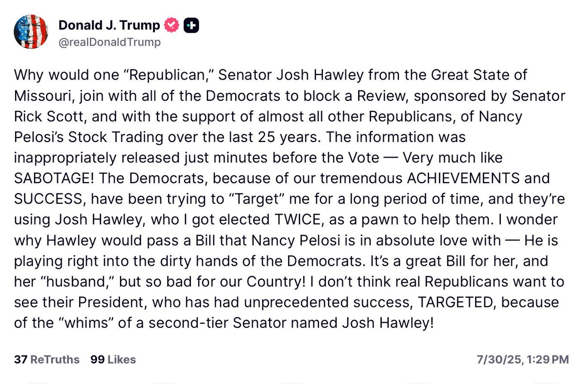 The Lincoln Project (@projectlincoln) on Twitter photo Trump's attacking <a href="/HawleyMO/">Josh Hawley</a> for standing up to him.
MAGA, ask yourself why Trump's attacking one of his own just because they want to ban congressional stock trading?
Trump isn't better than the swamp, Trump IS the swamp, and Josh Hawley knows it. Trump's attacking <a href="/HawleyMO/">Josh Hawley</a> for standing up to him.
MAGA, ask yourself why Trump's attacking one of his own just because they want to ban congressional stock trading?
Trump isn't better than the swamp, Trump IS the swamp, and Josh Hawley knows it.