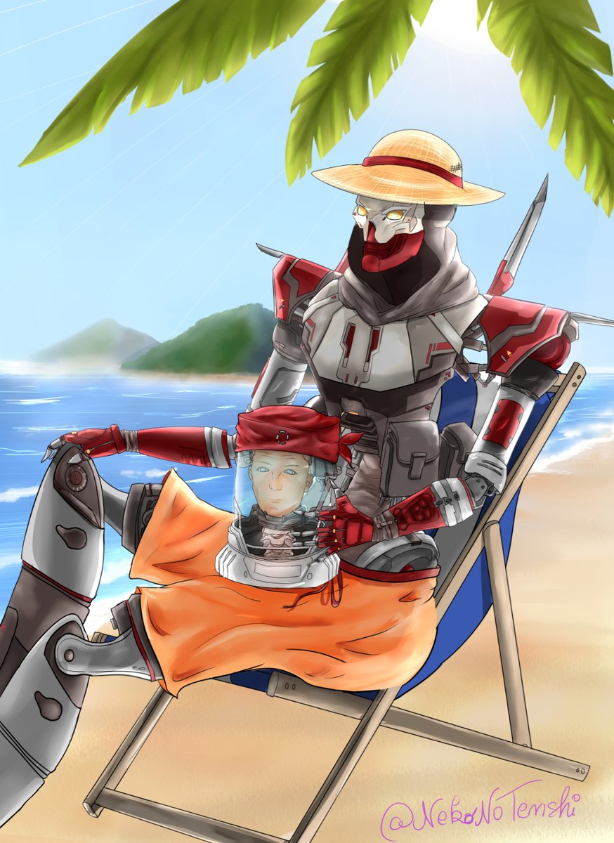 NekoNoTenshi's tweet image. Happy as always to have participated in this fun event. 
We have so many AMAZING artists this time. Go check it out!

My contribution is Rev on the beach, because he deserves a nice little break from being a killing machine&amp;lt;3 #ApexLegendsFanart #ApexSwimSuitEdition