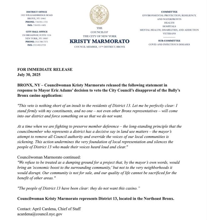 Councilwoman Marmorato’s statement on the mayoral veto of the City Council’s disapproval of the Bally’s casino application