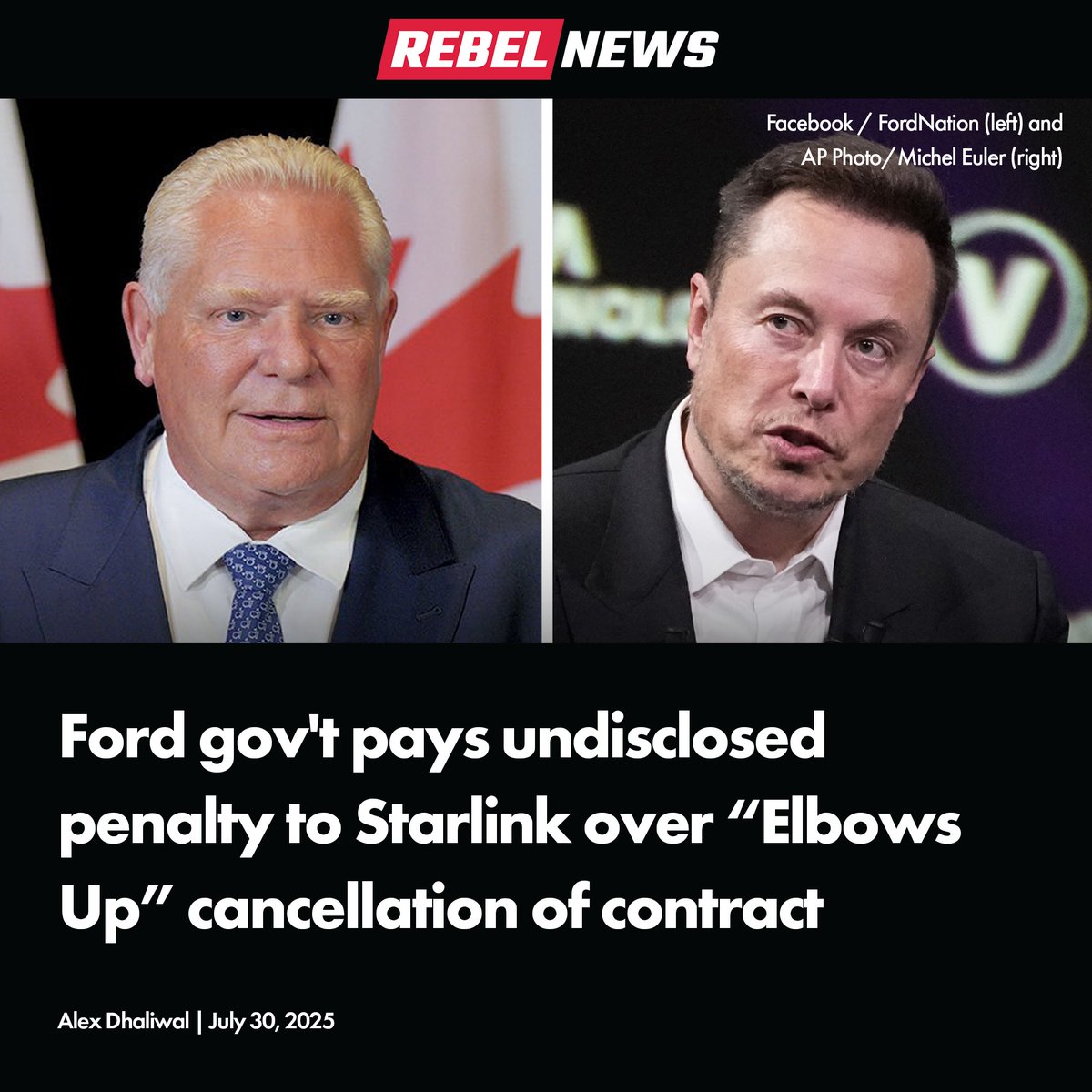 The Ford government has admitted to paying an undisclosed penalty after tearing up a $171 million deal with Elon Musk’s Starlink in trade war retaliation against the Trump administration. 

READ MORE: rebelne.ws/40EqEDW