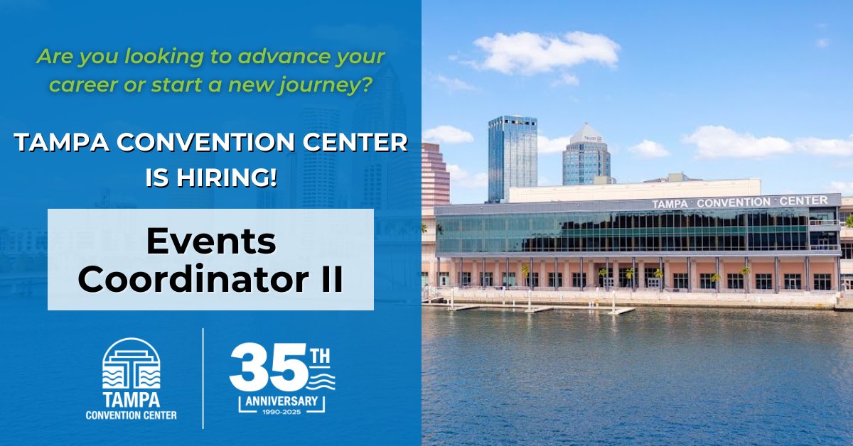 Tampa Convention Center (@thetampacc) on Twitter photo Here’s your opportunity to join Team TCC and the <a href="/CityofTampa/">City of Tampa</a>! We are looking for an experienced Events Coordinator to join our Event Services team.
Apply here: lnkd.in/e9Vgy6KN
#EventProfs #EventPlanner #MeetingsAndEvents #Planner #EventManager #Hiring #JobAlert Here’s your opportunity to join Team TCC and the <a href="/CityofTampa/">City of Tampa</a>! We are looking for an experienced Events Coordinator to join our Event Services team.
Apply here: lnkd.in/e9Vgy6KN
#EventProfs #EventPlanner #MeetingsAndEvents #Planner #EventManager #Hiring #JobAlert
