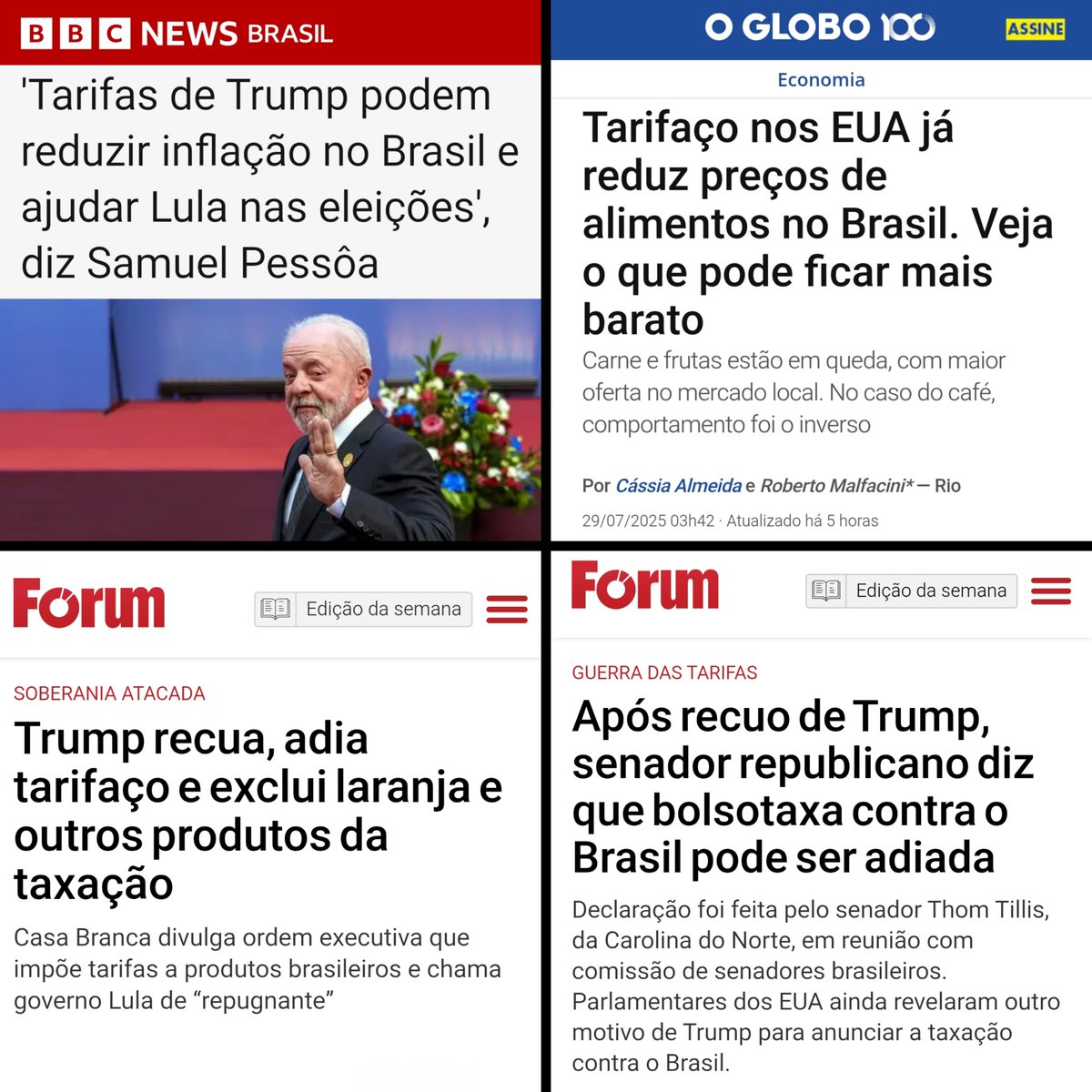 E o Taco Trump recuou do ataque comercial ao Brasil. O governo Lula manteve posição firme e soberana. O recuo de Trump é uma vitória inicial do Brasil. O recuo veio porque ele sabe que não há razão comercial ou qualquer outra justificativa para taxar o Brasil dessa maneira. No