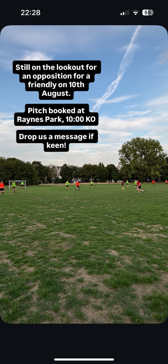 We’re looking for an opponent for a friendly on 10th August. We have a pitch booked at Raynes Park for a 10:00 KO.

Drop us a message on here, Instagram or email if keen! 

<a href="/SouthernSunday/">Southern Sunday Football League</a>