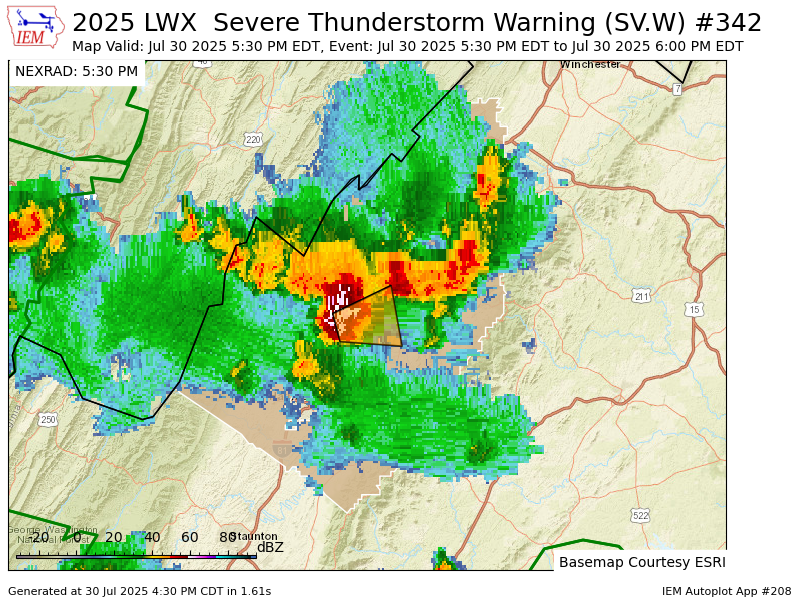 LWX issues Severe Thunderstorm Warning [wind: 60 MPH (RADAR INDICATED), hail: 1.00 IN (RADAR INDICATED)] for Page, Rockingham, Shenandoah [VA] till 6:00 PM EDT mesonet.agron.iastate.edu/vtec/f/2025-O-…
