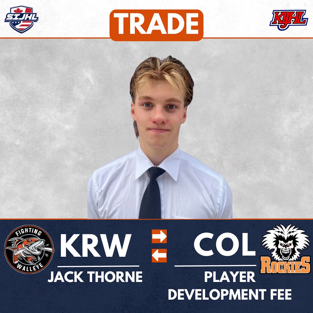 🚨TRADE🚨

The Fighting Walleye are pleased to announce the acquisition of 06 Dman Jack Thorne from the Columbia Valley Rockies.

The 6'1" 200 pound native of Rothesay, New Brunswick suited up in 25 regular season games in '24-'25, amassing 12 Pts and 61 PIM,

Welcome, Jack!