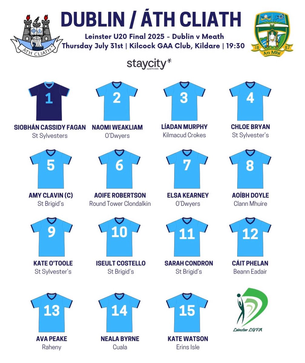 The very Best of Luck to our own Apibh &amp; <a href="/dublinladiesg/">DublinLGFA</a> in their Leinster U20 Final tomorrow 💪💪

The game is on in Kilcock GAA Club in Kildare at 7.30pm.

Best of Luck Aoibh 💚💛💙🩵#SmallVillageBigDreams