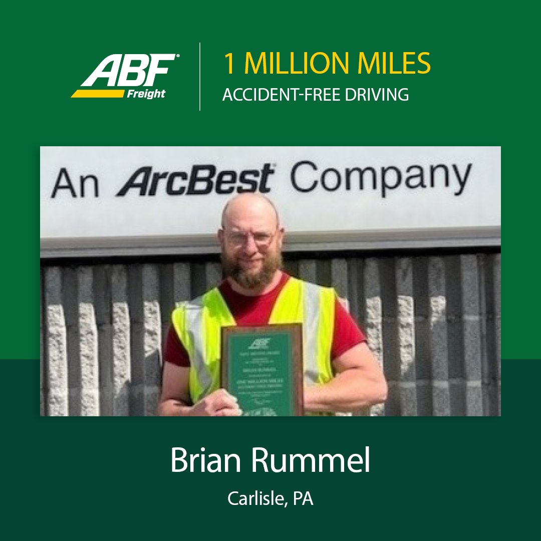 We’re proud to recognize Brian Rummel of Carlisle, PA, for achieving 1 million miles of accident-free driving with ABF Freight. Thank you for your commitment to safety and professionalism on the road.