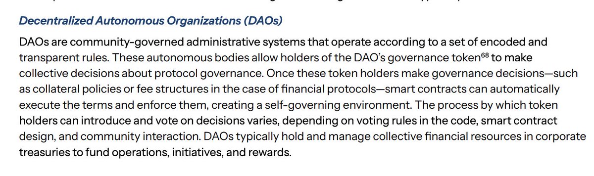 Bad news for the haters: Governance is frequently discussed in the White House Digital Asset Report. 

Key examples:

1. DAOs and governance tokens are called out as core components of the Digital Asset Ecosystem.

2. Governance tokens are defined as "cryptocurrencies that grant