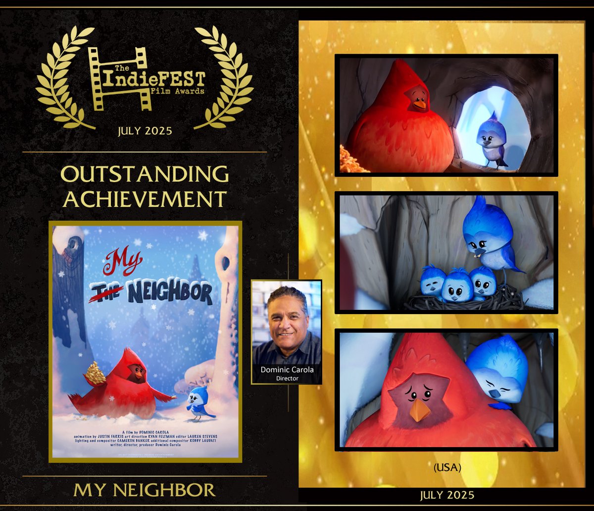 Congrats to OUTSTANDING ACHIEVEMENT winner Dominic Carola for My Neighbor—a wordless, emotionally layered short told through birds. A single, hesitant act of kindness sparks a gentle transformation. A masterclass in animation, rich with nuance and heart.
 TheIndieFEST.com