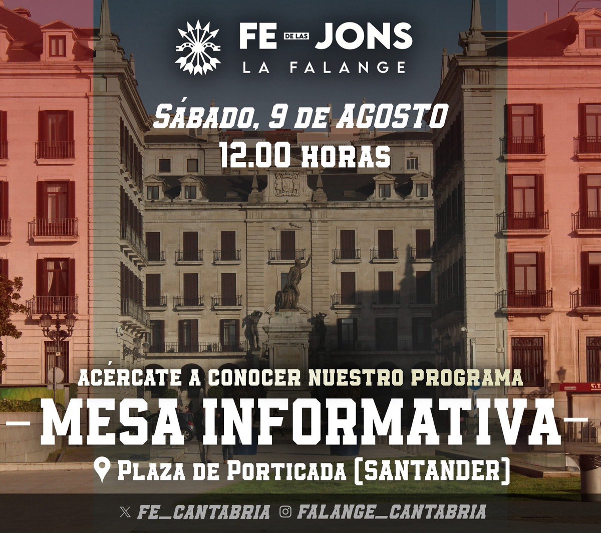 🏴 ¡Acércate a conocer nuestras propuestas y órganos de representación!

¡Te esperamos el sábado 9 de agosto a las 12.00 frente al monumento de Pedro Velarde en la Plaza Porticada (Santander)!

🤚🏼🇪🇸