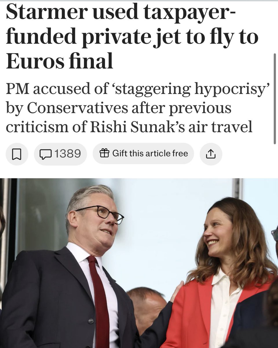 Keir Starmer used a private jet to watch the Lionesses win the Euros. £75,000 of taxpayers’ money spent on jetting between London and Zurich in the luxury Airbus A321 with his wife, despite him previously pledging to crack down on the unnecessary use of the government’s plane.