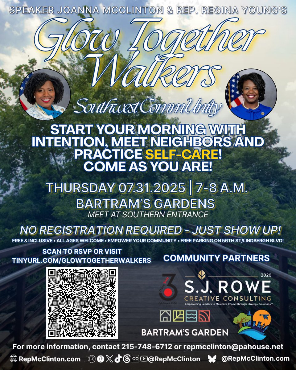 Rep. Joanna McClinton (@repmcclinton) on Twitter photo Start your morning with intention, community, & self-care every Thursday 7-8am through October 23rd. <a href="/RepReginaYoung/">Rep. Regina Young</a> & I are walking together starting THIS Thursday <a href="/BartramsGarden/">Bartram's Garden 🌱</a> (free street parking on 56th St/Lindbergh Blvd, meet at Southern Entrance)
tinyurl.com/glowtogetherwa… Start your morning with intention, community, & self-care every Thursday 7-8am through October 23rd. <a href="/RepReginaYoung/">Rep. Regina Young</a> & I are walking together starting THIS Thursday <a href="/BartramsGarden/">Bartram's Garden 🌱</a> (free street parking on 56th St/Lindbergh Blvd, meet at Southern Entrance)
tinyurl.com/glowtogetherwa…