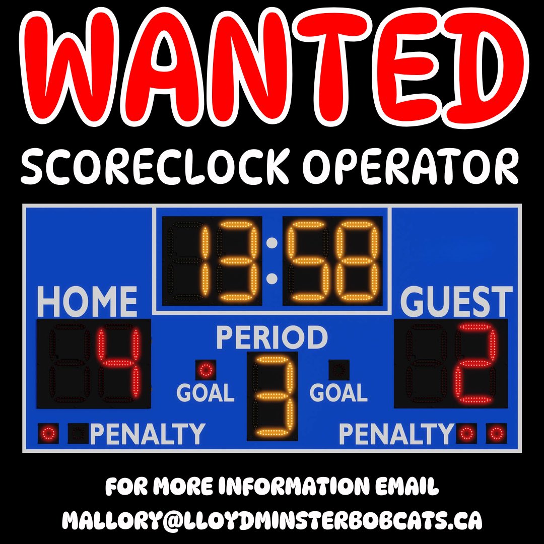 Bobcats Hockey (@lloydbobcats) on Twitter photo - W - A - N - T - E - D -
.
🏒 Game Day Coordinator
⏰ Score clock operators for Bobcat games!
.
Email mallory@lloydminsterbobcats.ca today! - W - A - N - T - E - D -
.
🏒 Game Day Coordinator
⏰ Score clock operators for Bobcat games!
.
Email mallory@lloydminsterbobcats.ca today!