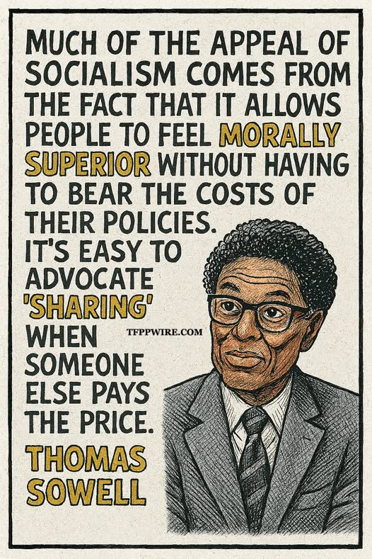 "Much of the appeal of socialism comes from the fact that it allows people to feel morally superior without having to bear the costs of their policies. 
It's easy to advocate 'sharing' when someone else pays the price."

~An American treasure, Thomas Sowell