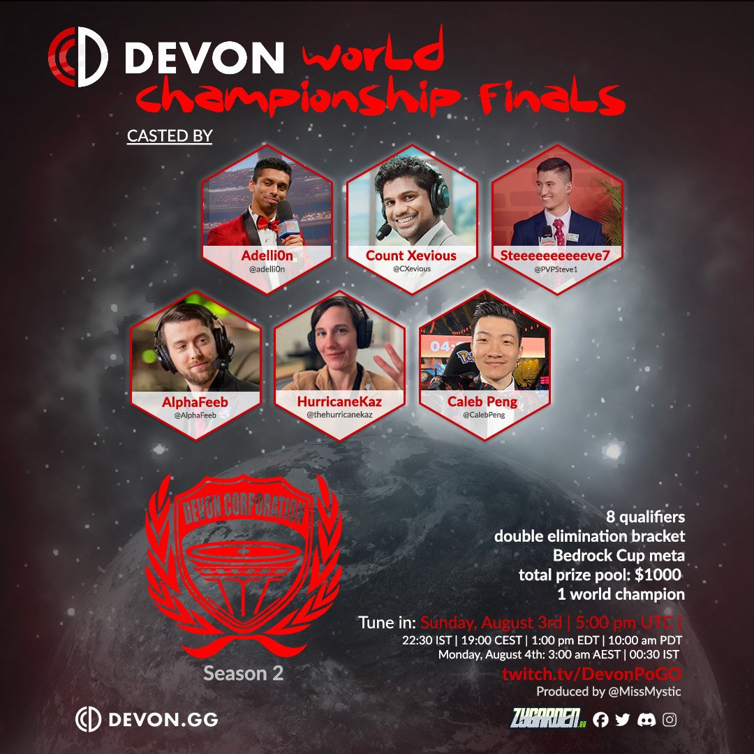 #PokemonGO trainers, take a look at the casters that will be taking you on Victory Road to crown our #DevonGG S2 WORLD Champion!

📺Tune in from 5pm UTC on Sunday 3rd August on twitch.tv/DevonPoGO!

$1000 prize pot, grassroots #GOBattle glory! Who, will be champ?