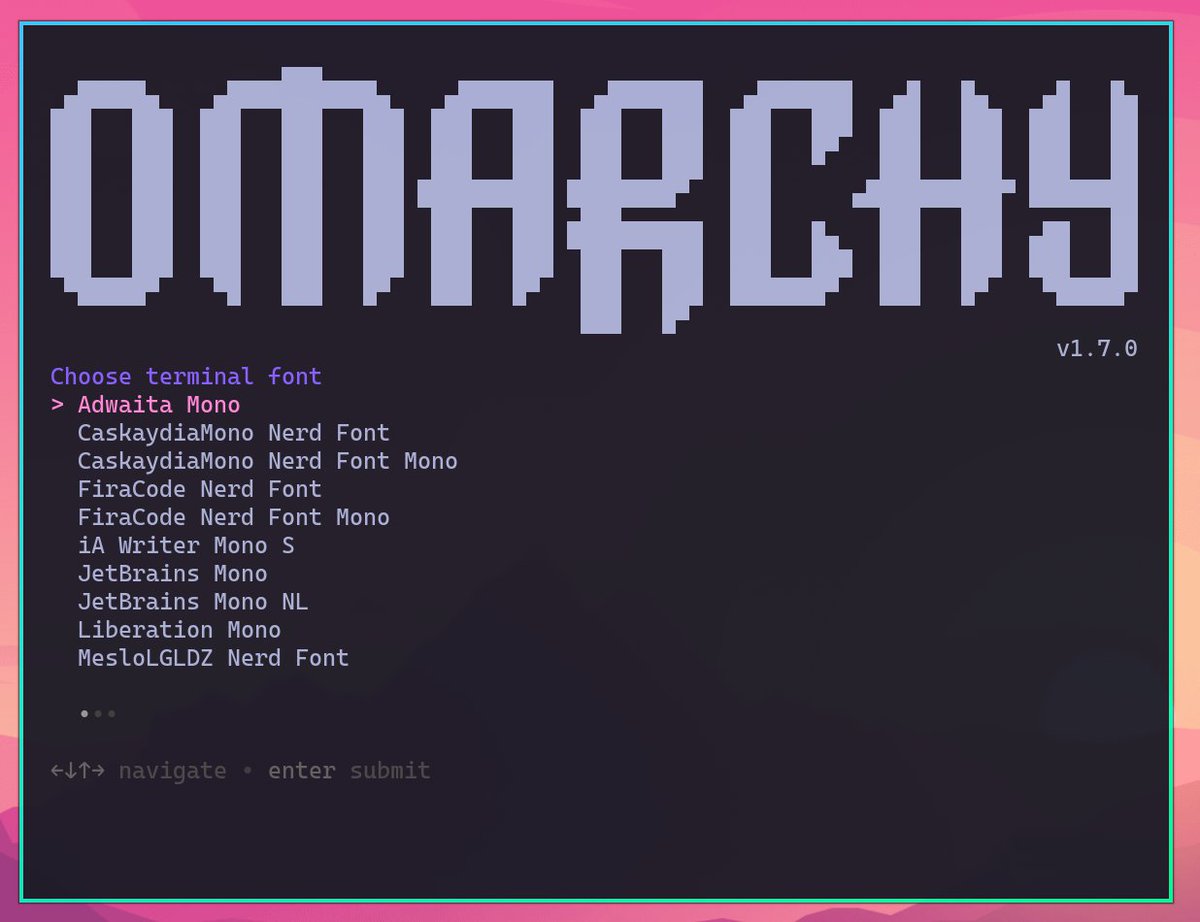dhh's tweet image. Omarchy v1.8.0 is out with a new easy menu for switching fonts, added a finder to the app launcher, better migration strategy, prevent config file overwrites, and more. github.com/basecamp/omarc…